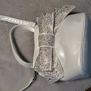 Betsey Johnson Glitteratzi purse, white, silver bow, handbag, bachelorette